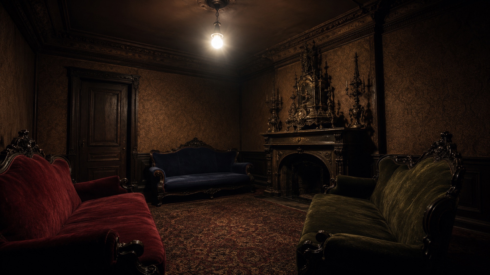 A dim Second Empire drawing room with three velvet sofas, a locked wooden door, and a bronze mantelpiece.